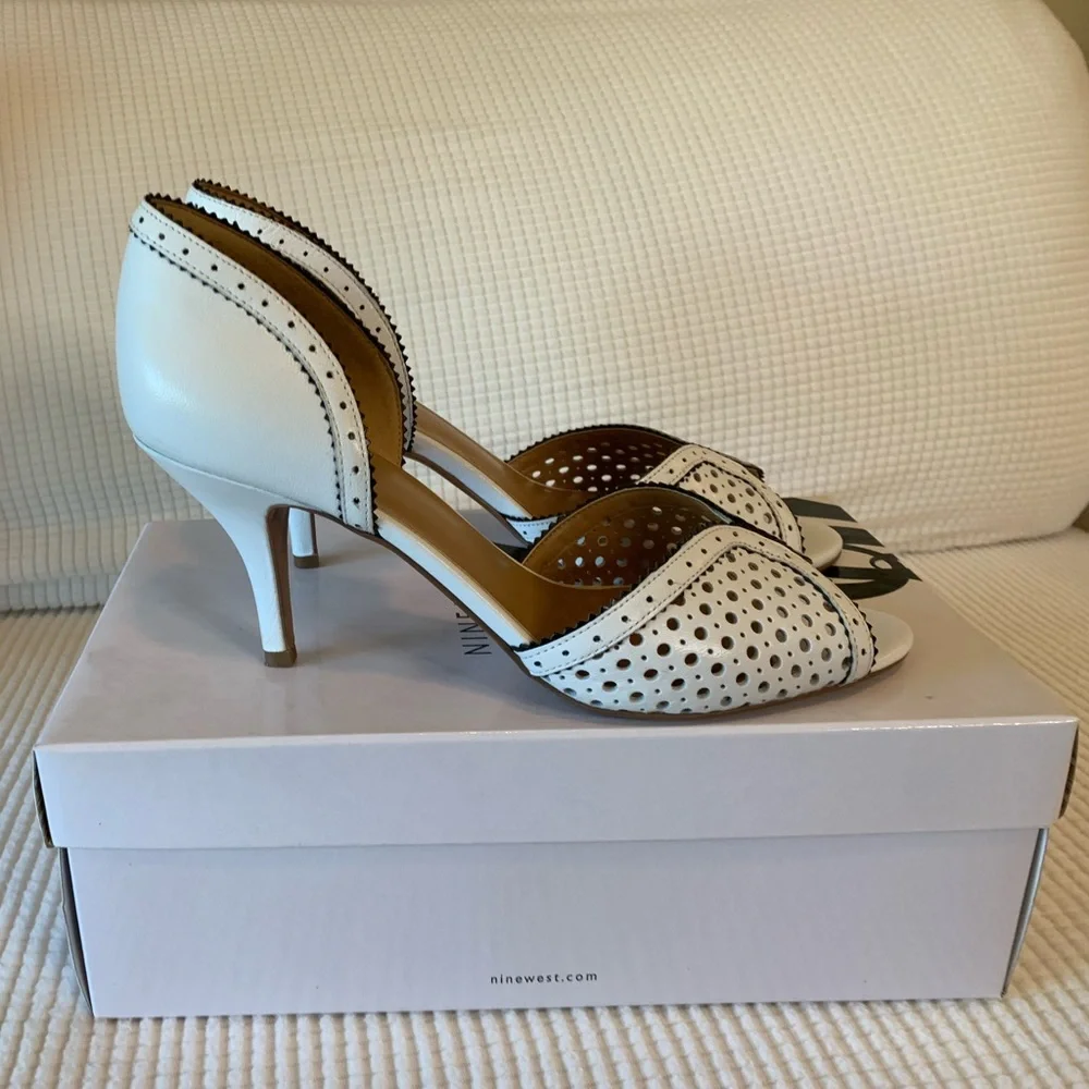 Nine West White Peep-Toe Perforated Leather Heels